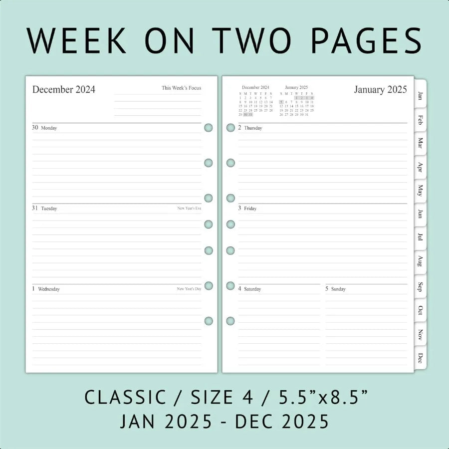 2025 Weekly & Monthly Planner Refill – 5.5" x 8.5" Classic Desk Size with Ruled Daily Blocks 📒