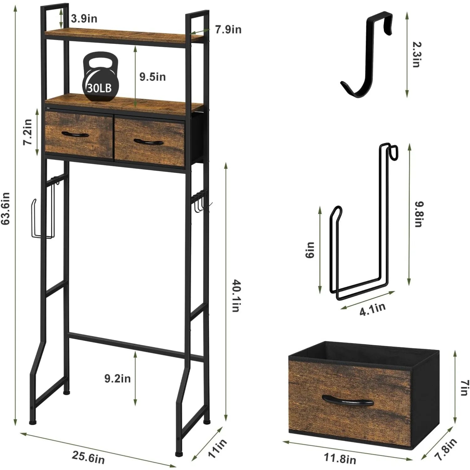 Over-Toilet Storage Cabinet with Fabric Drawers – Space-Saving Freestanding Organizer, Rustic Brown