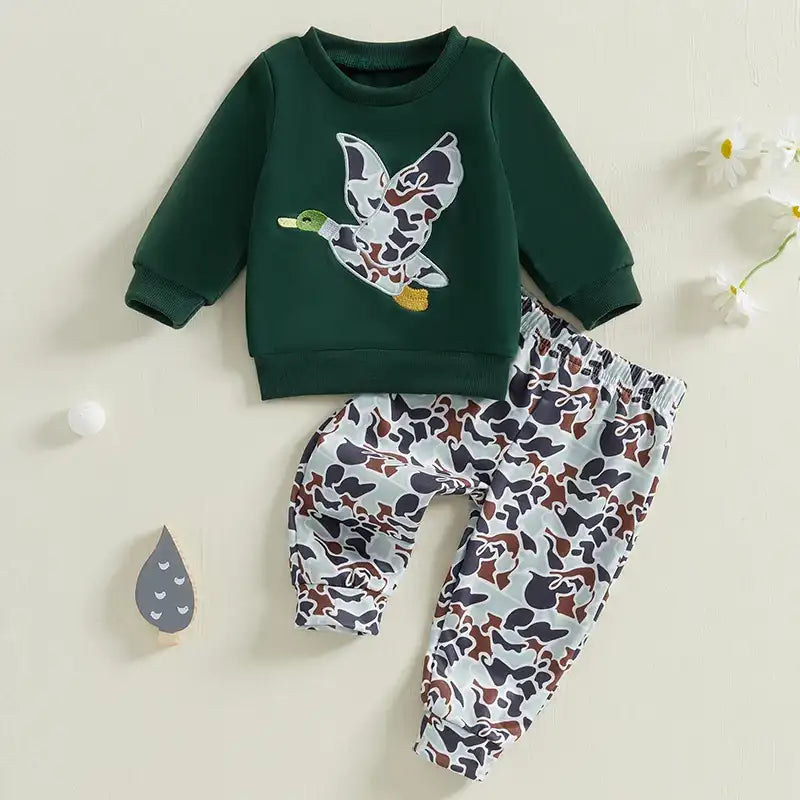 Spring Duck Embroidery Pullover & Camouflage Pants 2-Piece Outfit Set for Baby Boys