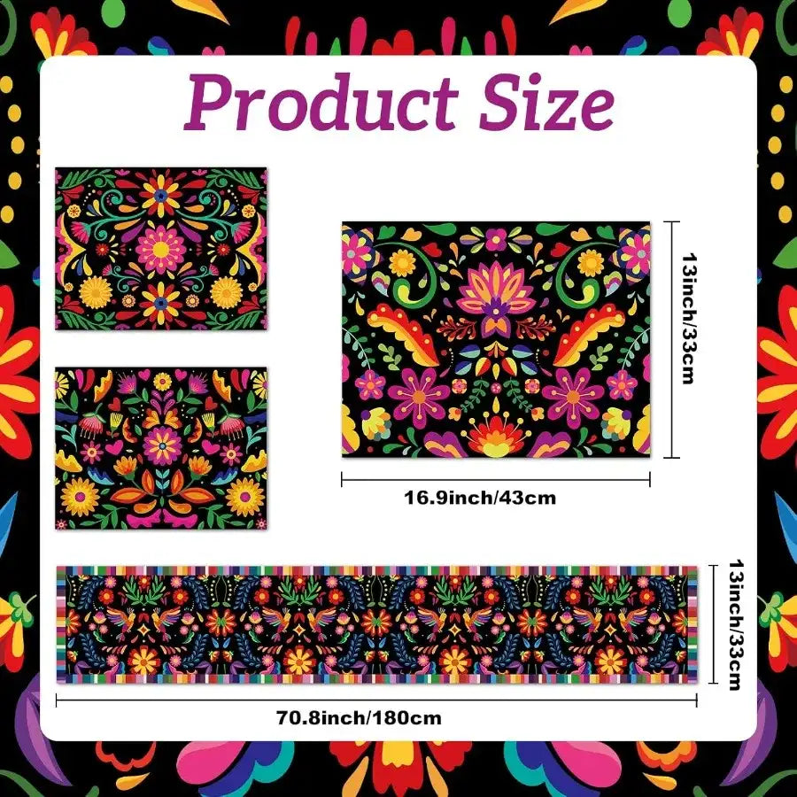 Mexican Fiesta 7-Piece Table Set – Vibrant Placemat & Table Runner Kit for Dia de los Muertos & Farmhouse Dining 🌵🎉