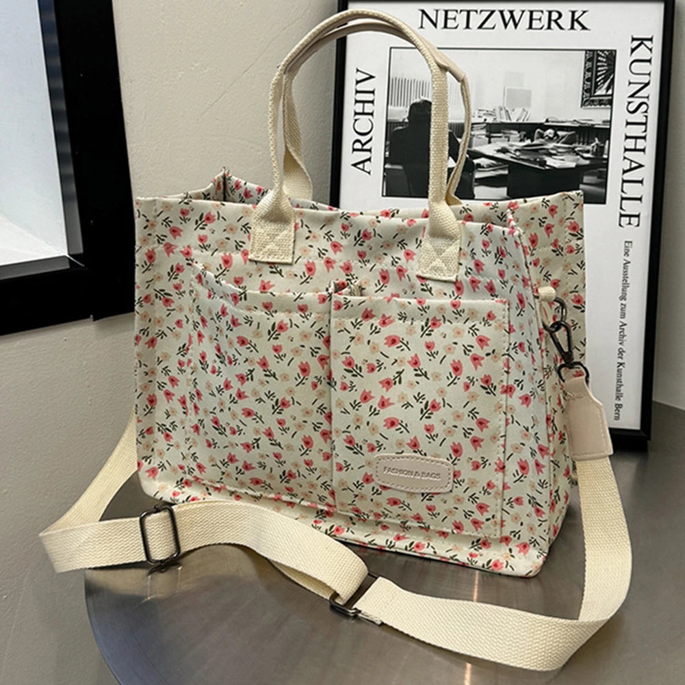 Women’s Polka Dot & Floral Tote Bag – Large-Capacity Stylish Shoulder & Crossbody Bag with Adjustable Strap & Multi-Pockets for Travel