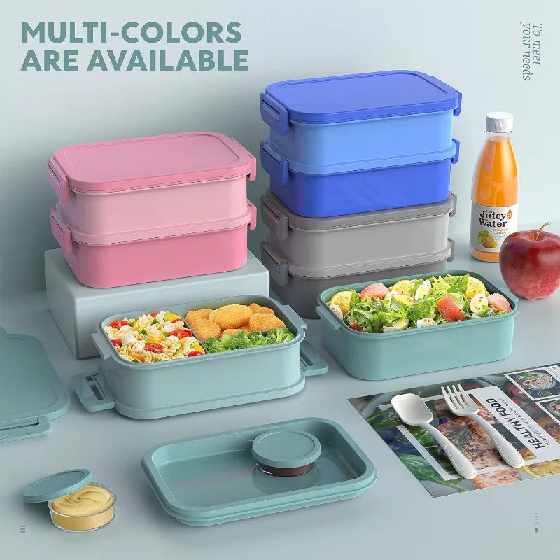 72 oz 3-Layer Stackable Leak-Proof Bento Box – Large Capacity All-in-One Lunch Container with Utensil & Sauce Containers (Green)