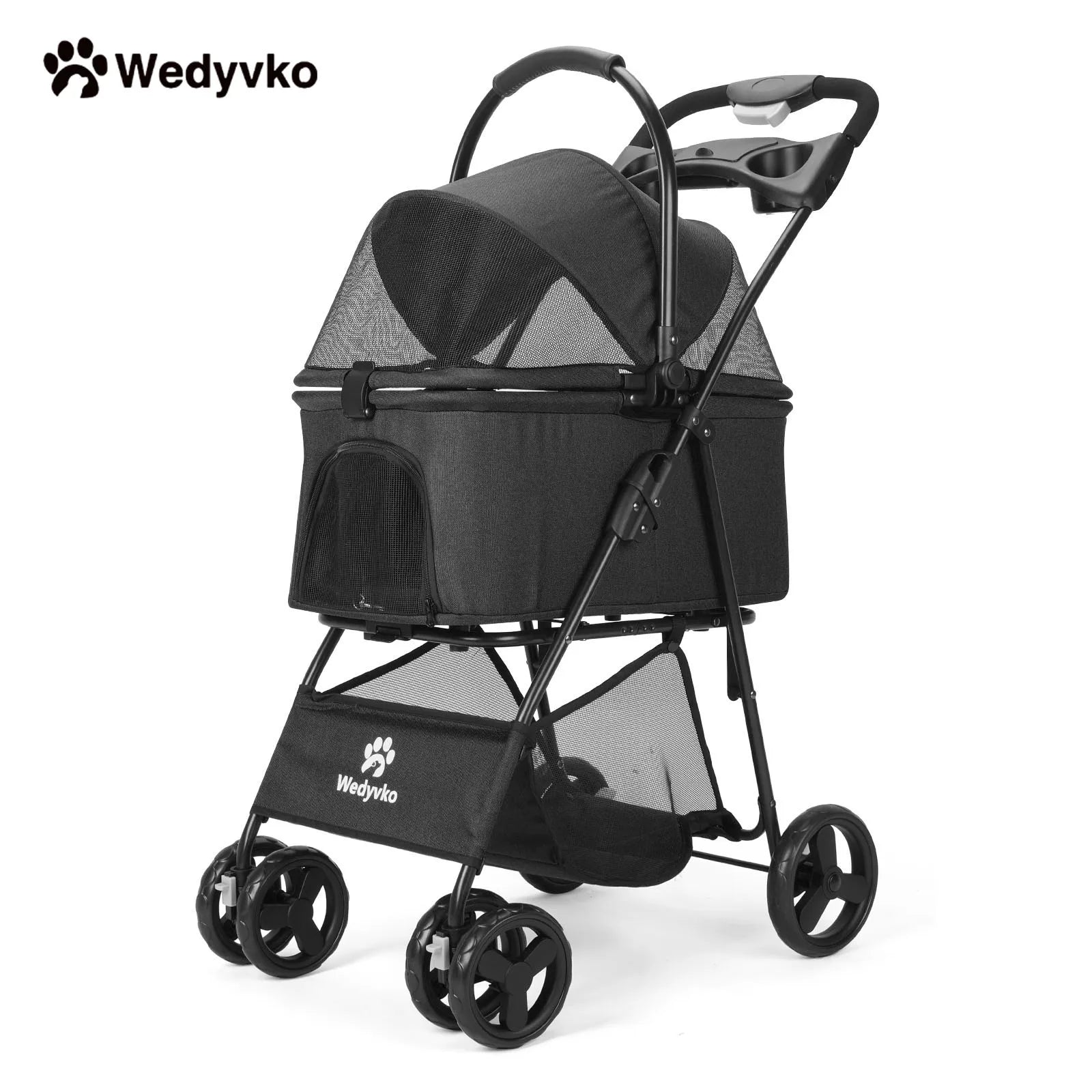 Wedyvko Luxury Detachable Pet Stroller & Rolling Carrier – Four-Wheeled Universal Dog Cart with Cup Holder and Travel Bag
