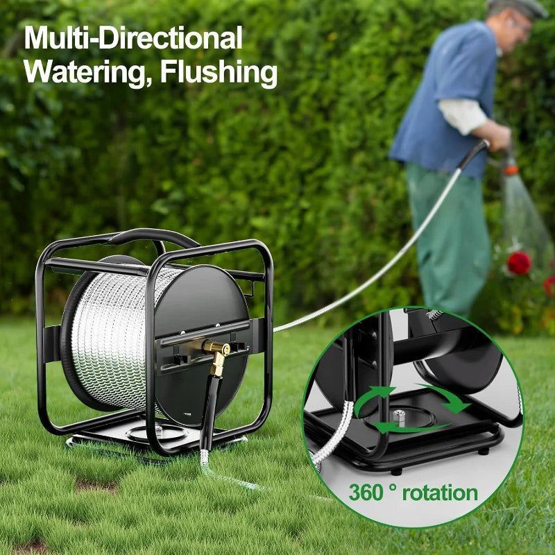 Heavy-Duty Metal Garden Hose Reel with 100FT 304 Stainless Steel Hose – Wall Mount & Floor Hose Spool with Aluminum Nozzle