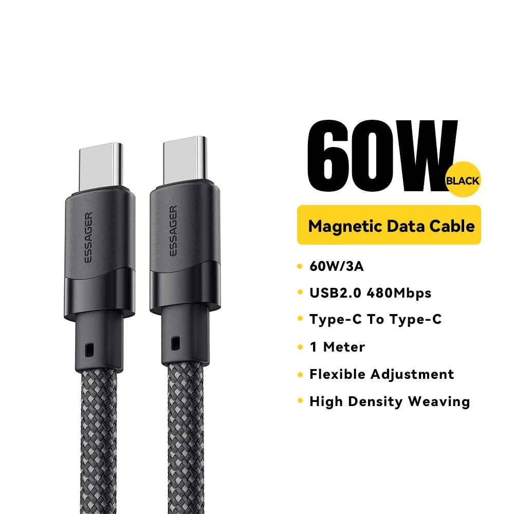 Essager USB-C to USB-C Magnetic Fast Charger Cable – 100W/65W Type-C Data & Charging Wire for iPhone 15, Samsung & Laptops