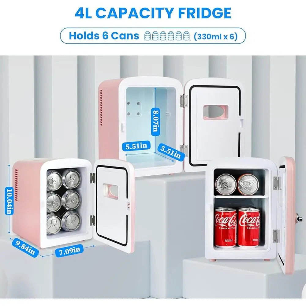 Portable Mini Fridge – 4 L / 6-Can Cooler & Warmer Compact Quiet Refrigerator with Observation Window