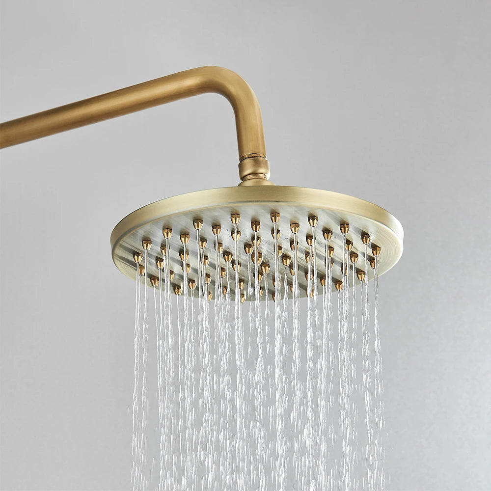 Antique Brass Shower Faucet Set – Wall-Mounted Rainfall Head with Dual Handles Hot & Cold Mixer Tap