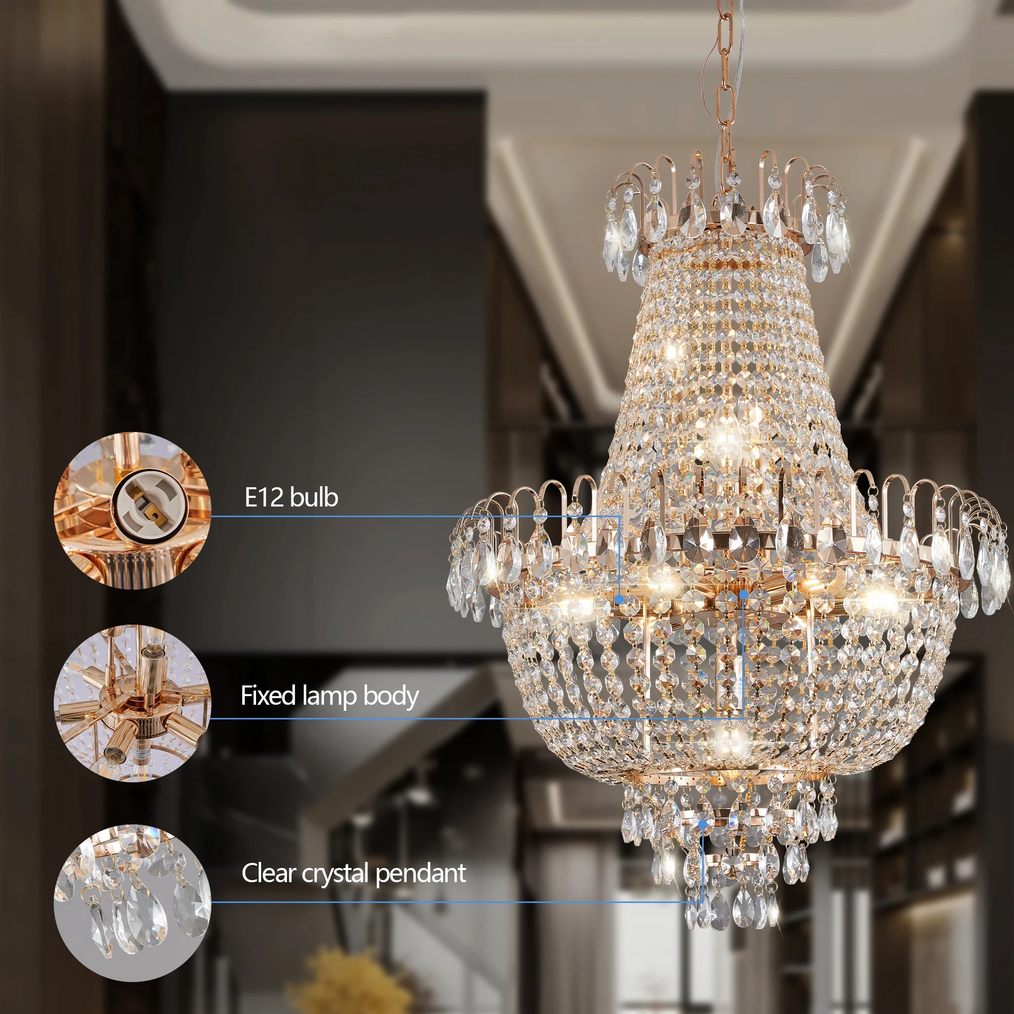 Arlgsite Luxury Gold Crystal Chandelier – Elegant K9 Crystal Ceiling Light for Living Room, Dining Room & Hallway