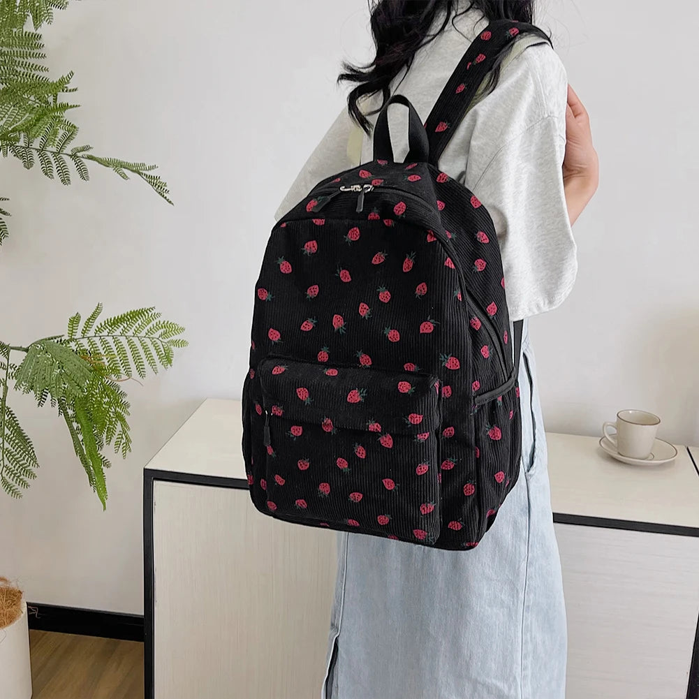 Corduroy Strawberry Backpack – Large-Capacity Student School Bag | Cute Teen Girls Daypack with Adjustable Straps
