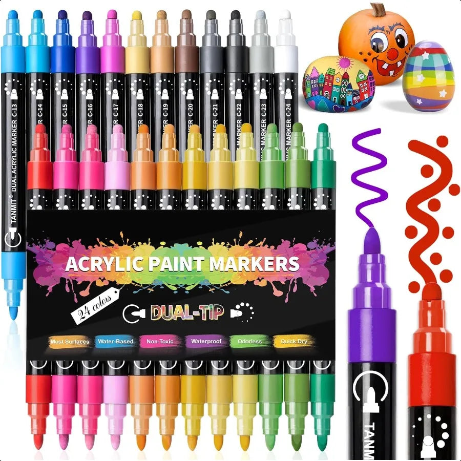 24-Color Dual-Tip Acrylic Paint Pens – Multi-Surface DIY Art Markers