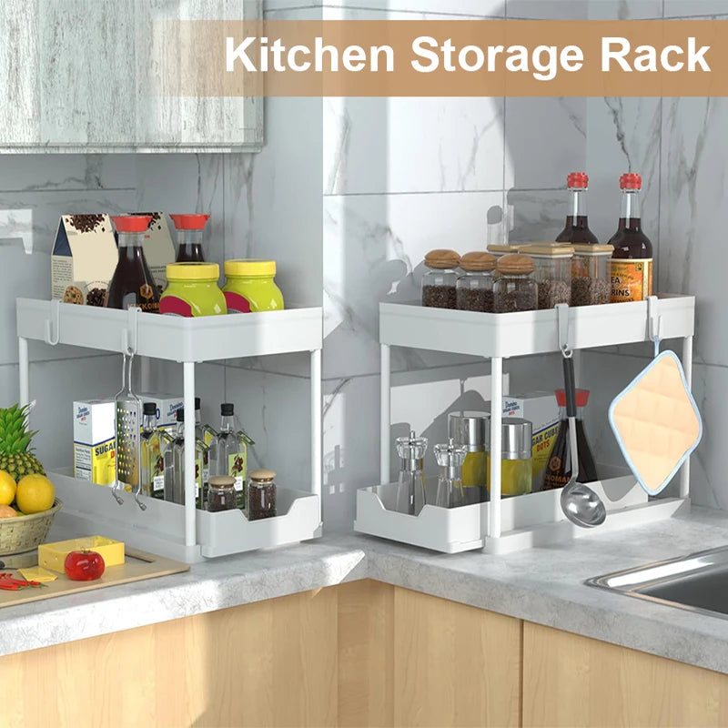 2-Tier Sliding Under-Sink Organizer with Hooks & Hanging Cup – Cabinet Storage Rack for Bathroom & Kitchen
