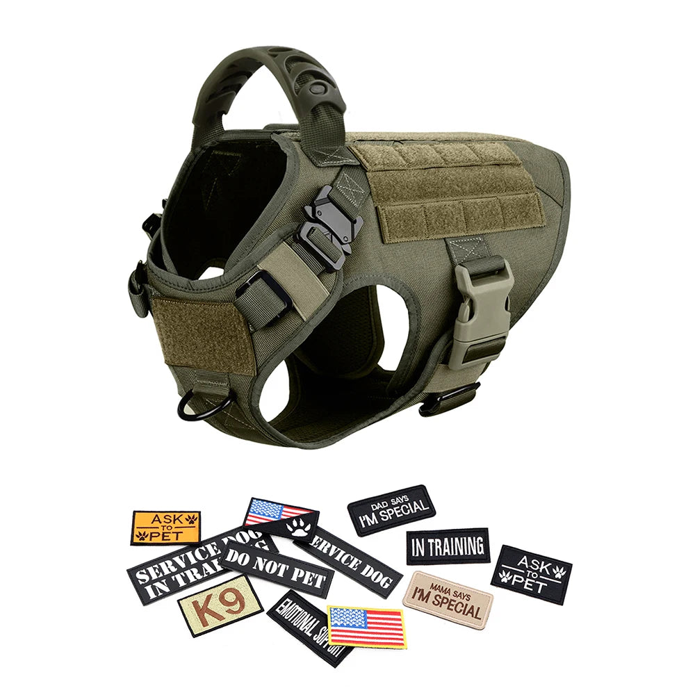 Military Tactical Large Dog Harness Set – Training Vest with Collar, Leash, Bags & Patches for Malinois & Large Breeds