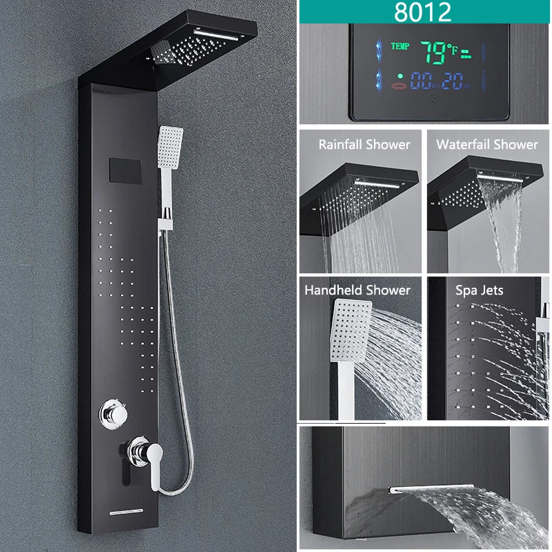 LED Waterfall Shower Panel Tower Set – Body Massage Jets & Rainfall Shower System