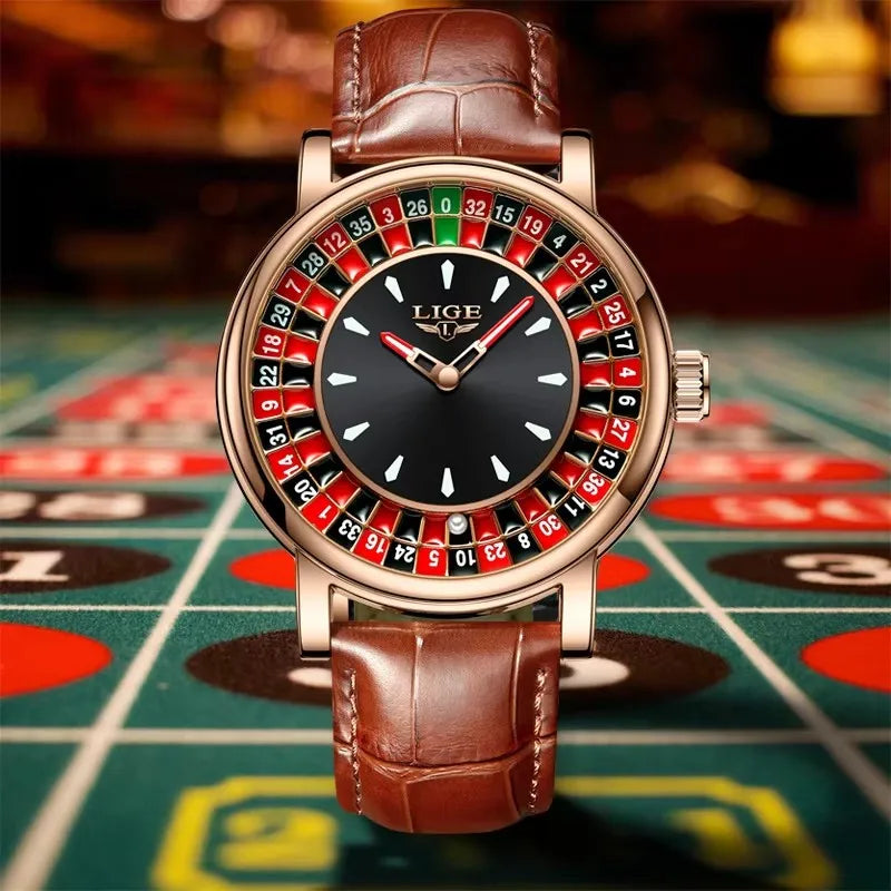 LIGE Russian Roulette Dial Men’s Watch – Creative Rotating Wheel, Luminous Hands, Leather Strap, Business Wristwatch