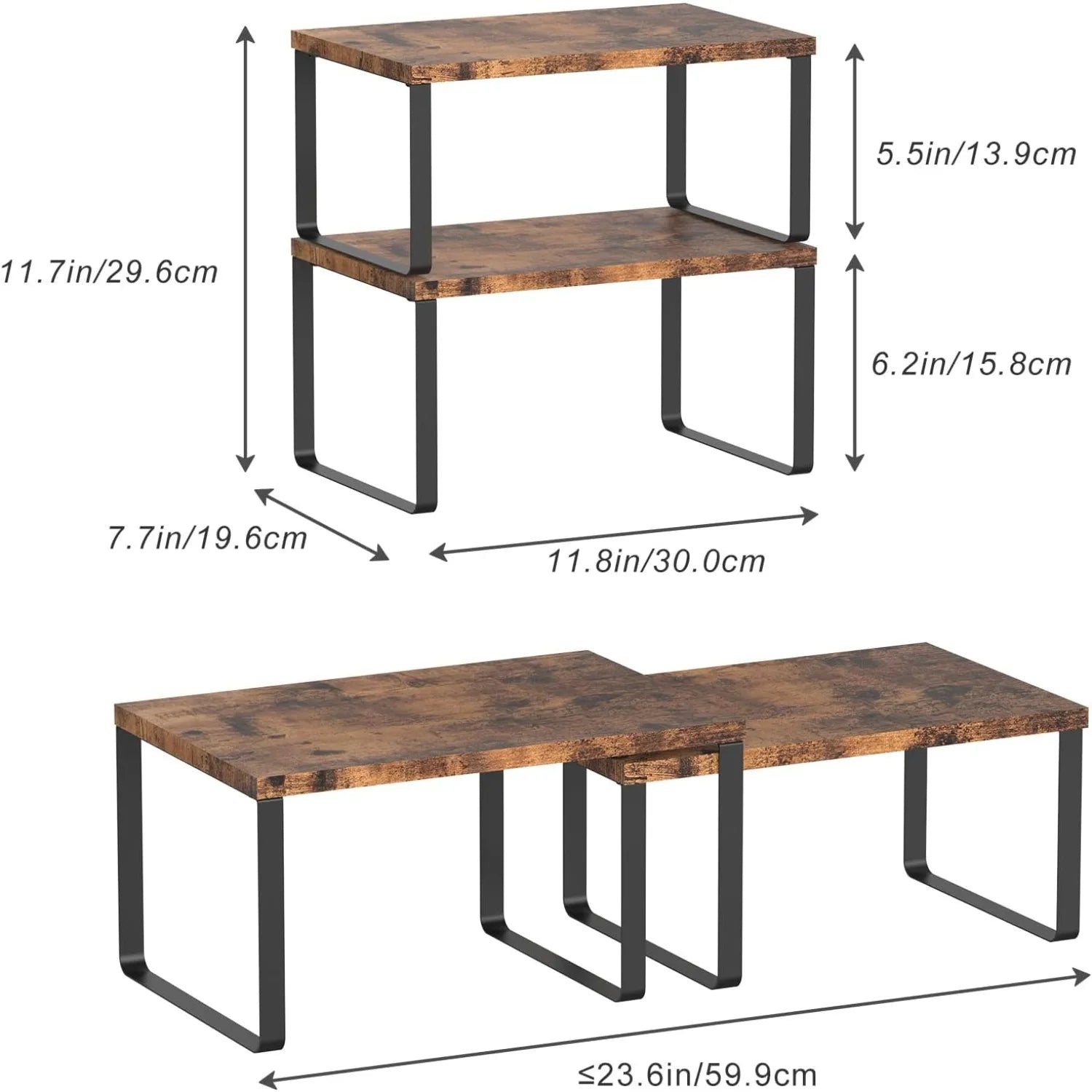 4-Pack Wooden Expandable Countertop Shelves – Stackable Organizer for Kitchen & Bathroom (Brown)