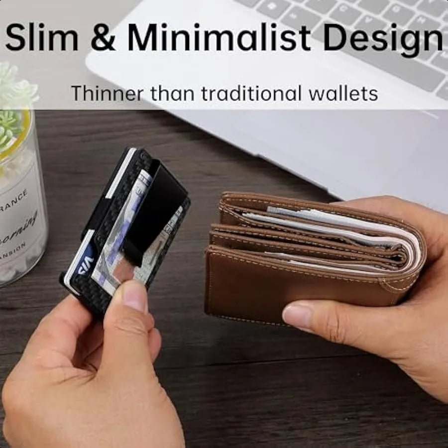 Men’s Minimalist Carbon Fiber Wallet – RFID Blocking Aluminum Card Holder with Money Clip & Cash Strap