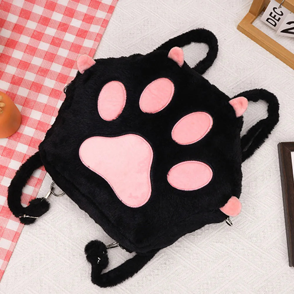 Cute Cat Paw Plush Backpack — Soft Furry Kawaii Cartoon Bag for Women & JK Girls