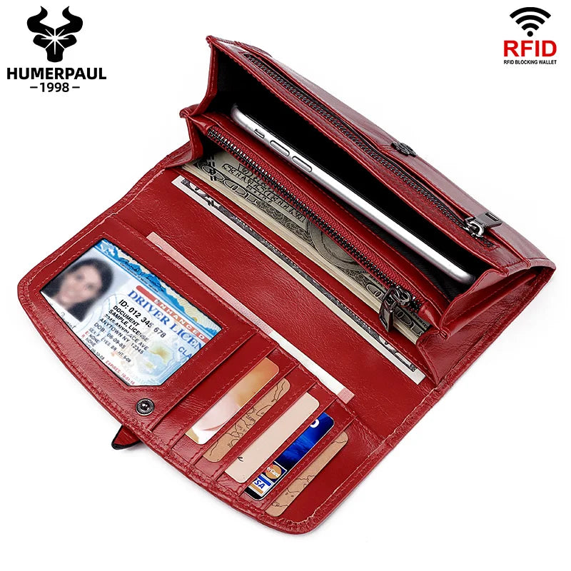 Women’s Genuine Leather Long Wallet – Luxury Clutch Purse with Phone Pocket, Card Holder & Casual Handbag Style