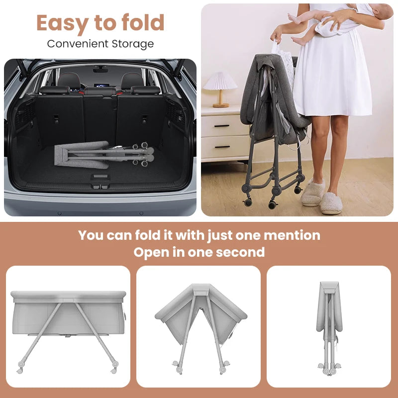 3-in-1 Baby Travel Cot & Crib – Convertible Folding Bed with Mosquito Net, Soft Mattress Pad & Silent Wheels