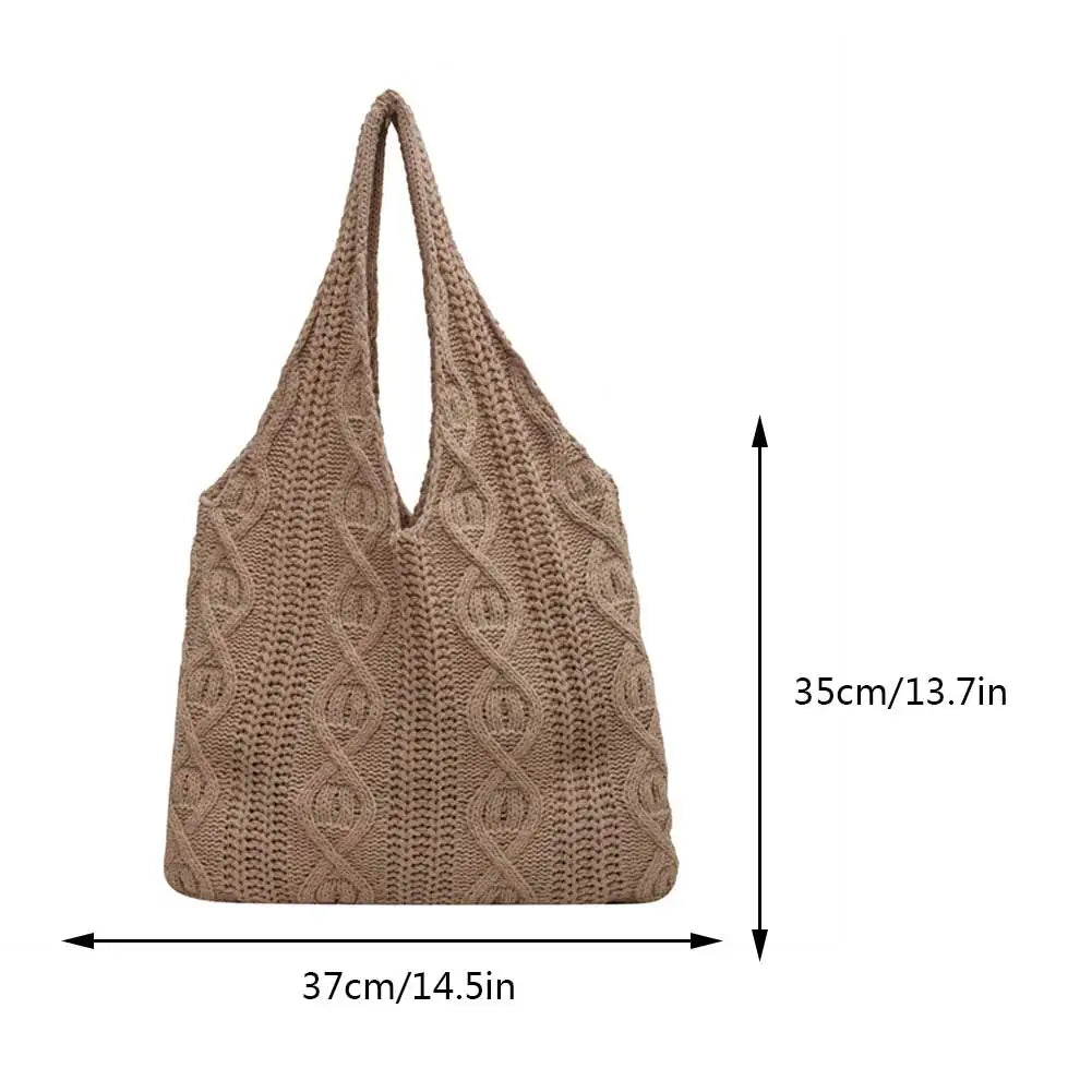 Wool-Knitted Shoulder Shopping Bag for Women – Vintage Cotton Cloth Tote, Large Crochet-Style Shopper Handbag