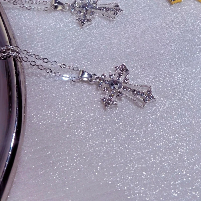 Gothic Zircon Cross Necklace – Unisex Y2K Large Pendant with Irregular Crystal Design for Men & Women