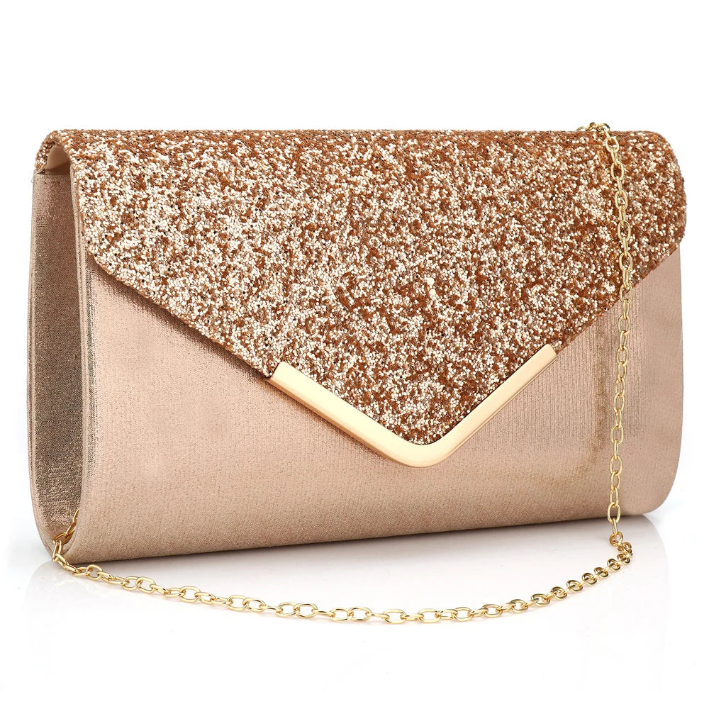 Gold V‑Design Metal‑Chain Glitter Sequined Evening Clutch Bag