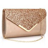 Gold V‑Design Metal‑Chain Glitter Sequined Evening Clutch Bag