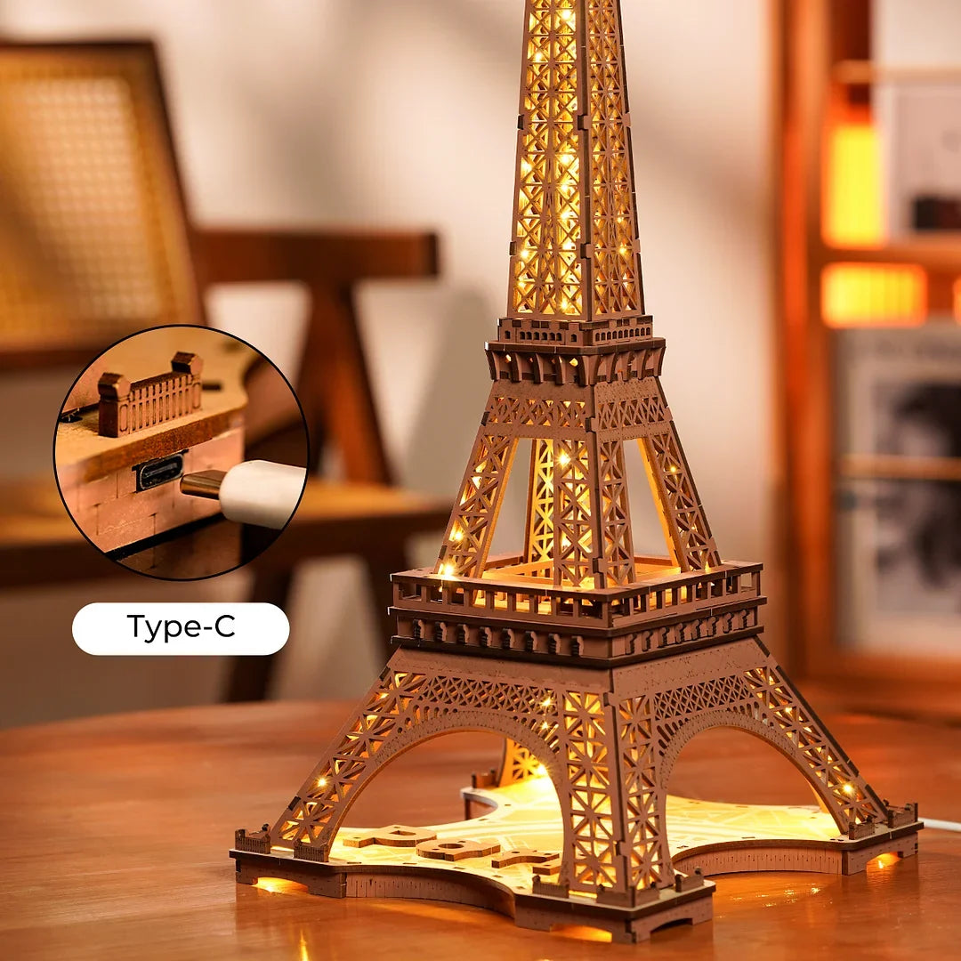 “Robotime Rolife Night of the Eiffel Tower – 3D Wooden Puzzle Miniature Building Model for Teens & Adults”