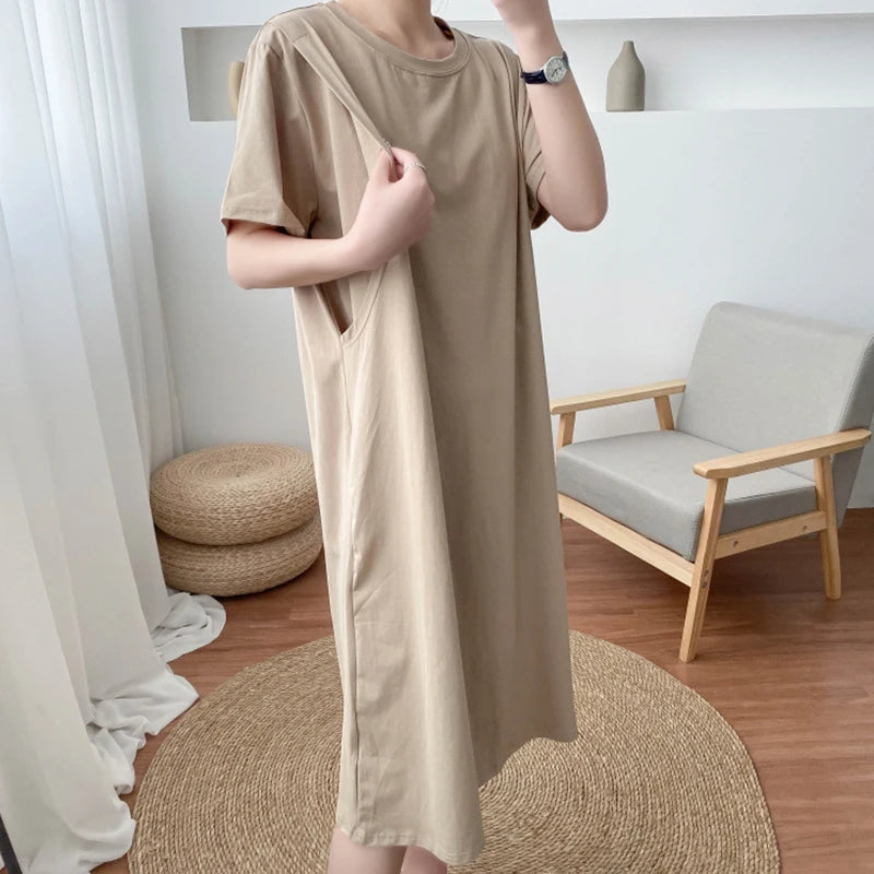 Women’s Cotton Maternity Dress – Pure Color Long Skirt with Nursing Access, Short Sleeve Pregnancy & Breastfeeding Clothes