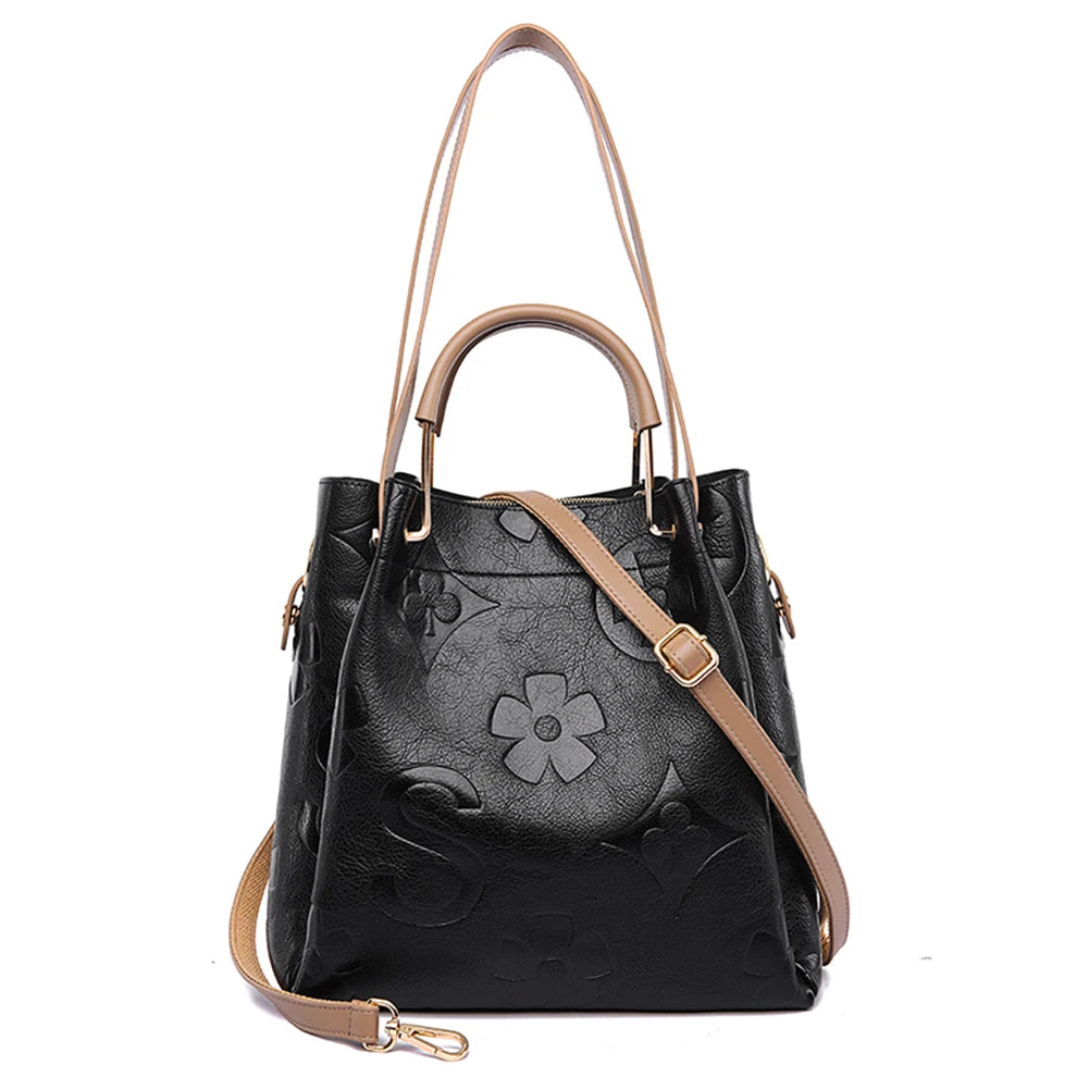 Women’s PU Leather Bucket Bag – Embossed Large-Capacity Shoulder Tote with Top Handle for Work, Shopping & Travel