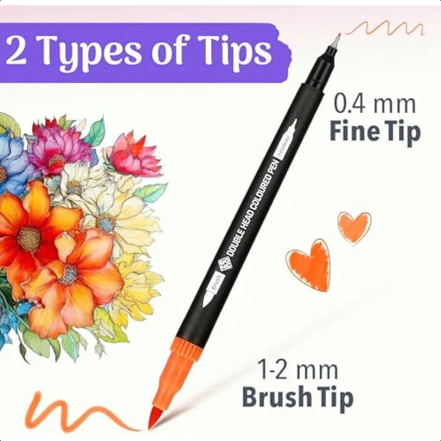72 Dual Tip Markers Set with Case – No-Bleed Fine & Brush Tip Coloring Pens for Adults, Art, Journaling & Watercolor Effects