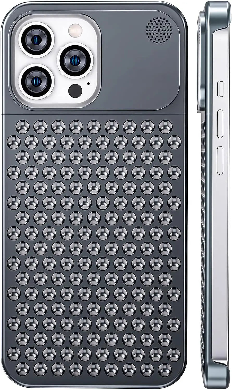 Aluminum Alloy Cooling Hollow Metal Case – Aromatherapy Shockproof Rimless Cover for iPhone 12/13/14/15 Pro Max & Plus