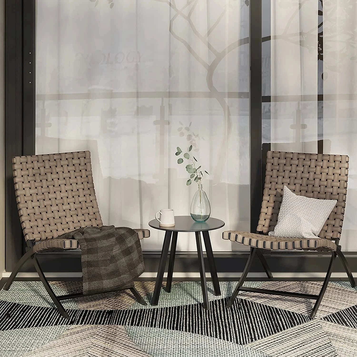 “3-Piece Leather-Texture Wicker Patio Chairs & Foldable Balcony Furniture Set with Side Table – Outdoor Lounge Seating”