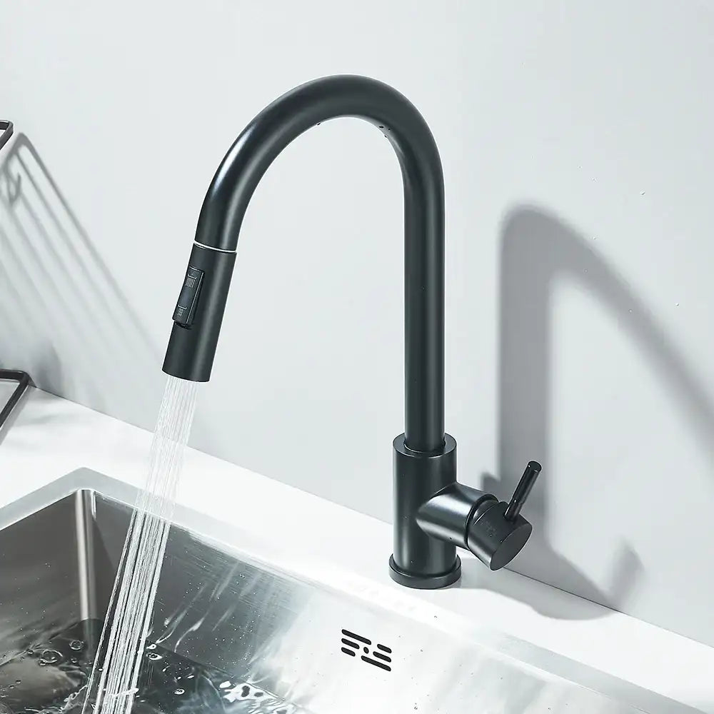 1- Product Title: Matte Black Pull-Out Kitchen Faucet – Deck Mounted Mixer Tap with Stream & Shower Modes