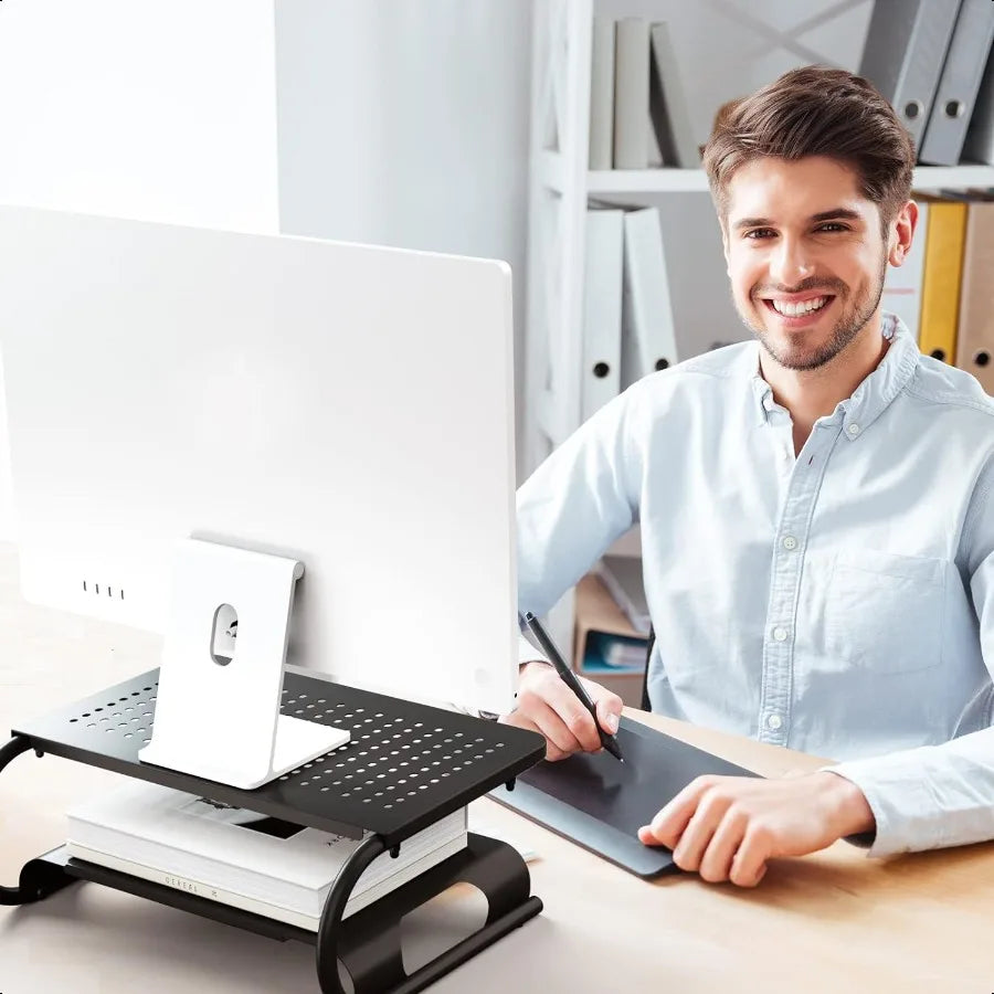 2-Tier Metal Monitor Stand Riser – Desktop Shelf with Vented Design for Computer, Laptop & Desk Organization