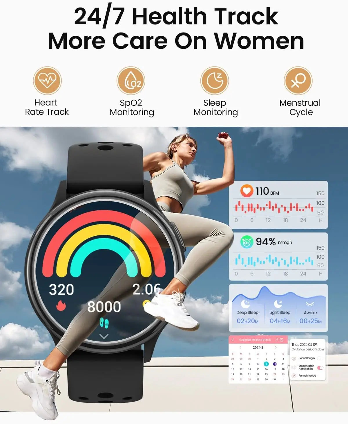Smart Watch for Women – 1.27” HD Fitness Tracker with 400+ Watch Faces, Bluetooth Calls & Female Health Monitor (iPhone & Android)