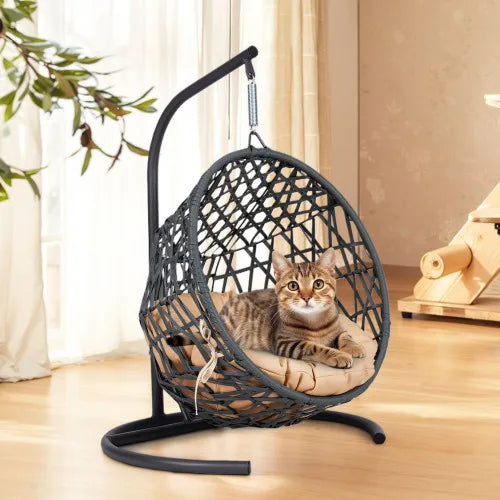 Cat Swing Bed with Stand – Indoor Hanging Egg Chair with Cushion, Rattan Wicker Style Swinging Pet Bed for Cats & Small Dogs