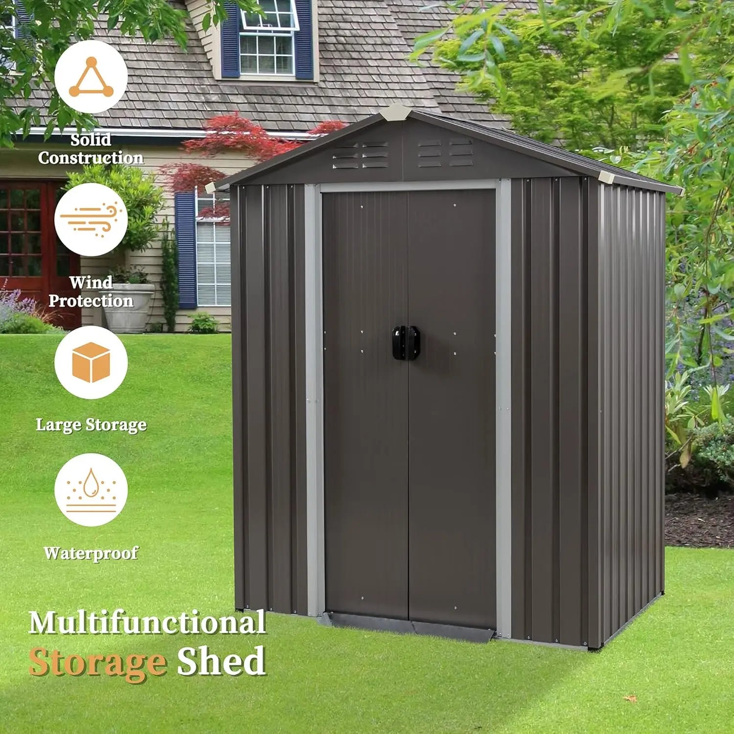 5 × 3 × 6 FT Metal Outdoor Storage Shed – Waterproof Garden Tool Shed with Side Window & Lockable Door