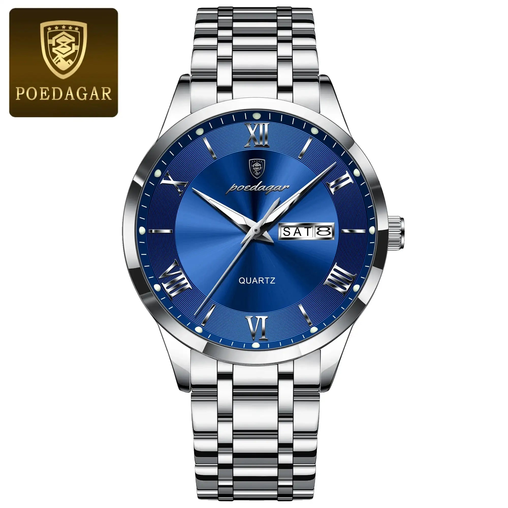 Poedagar Men’s Business Watch – Stainless Steel Waterproof Quartz Wristwatch with Luminous Dial & Date/Week Display