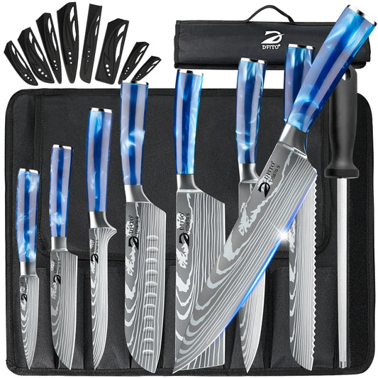 8‑Piece Damascus Stainless Steel Knife Set with Bag – Utility, Boning, Chef & Santoku Knives, Nylon Case Included 🔪