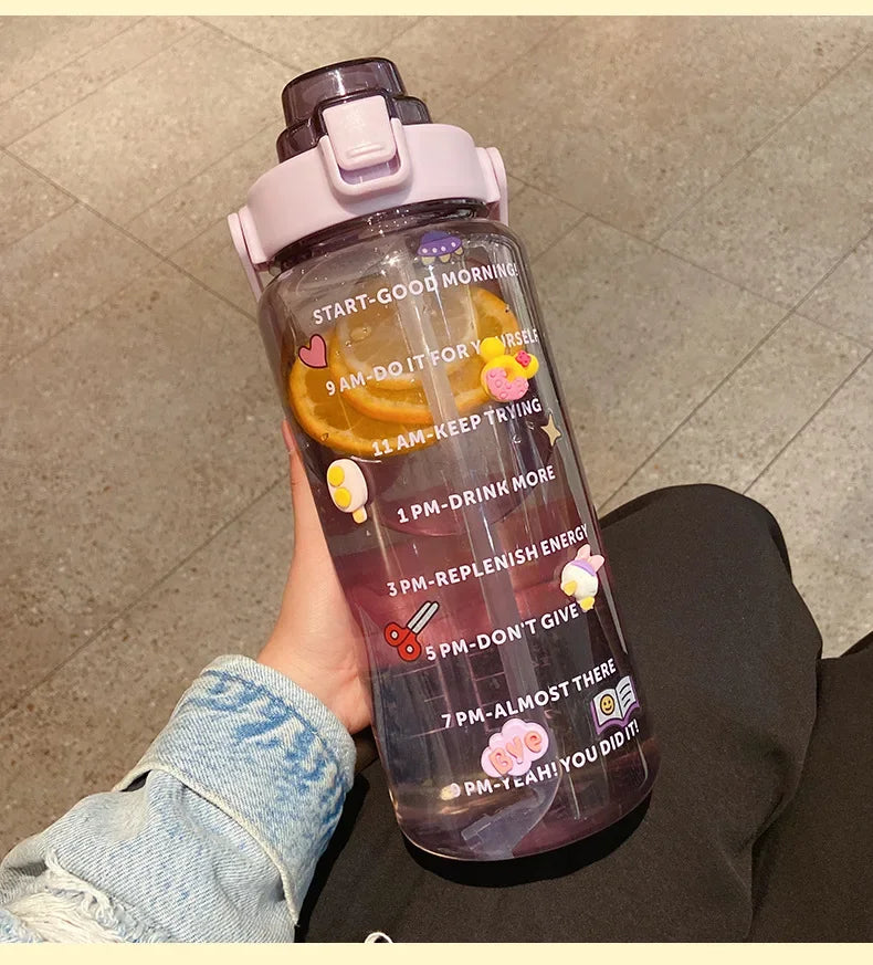 2 L Sports Straw Water Bottle – Large Capacity Jug with Time-Marker & Stickers, Portable for Fitness & Travel