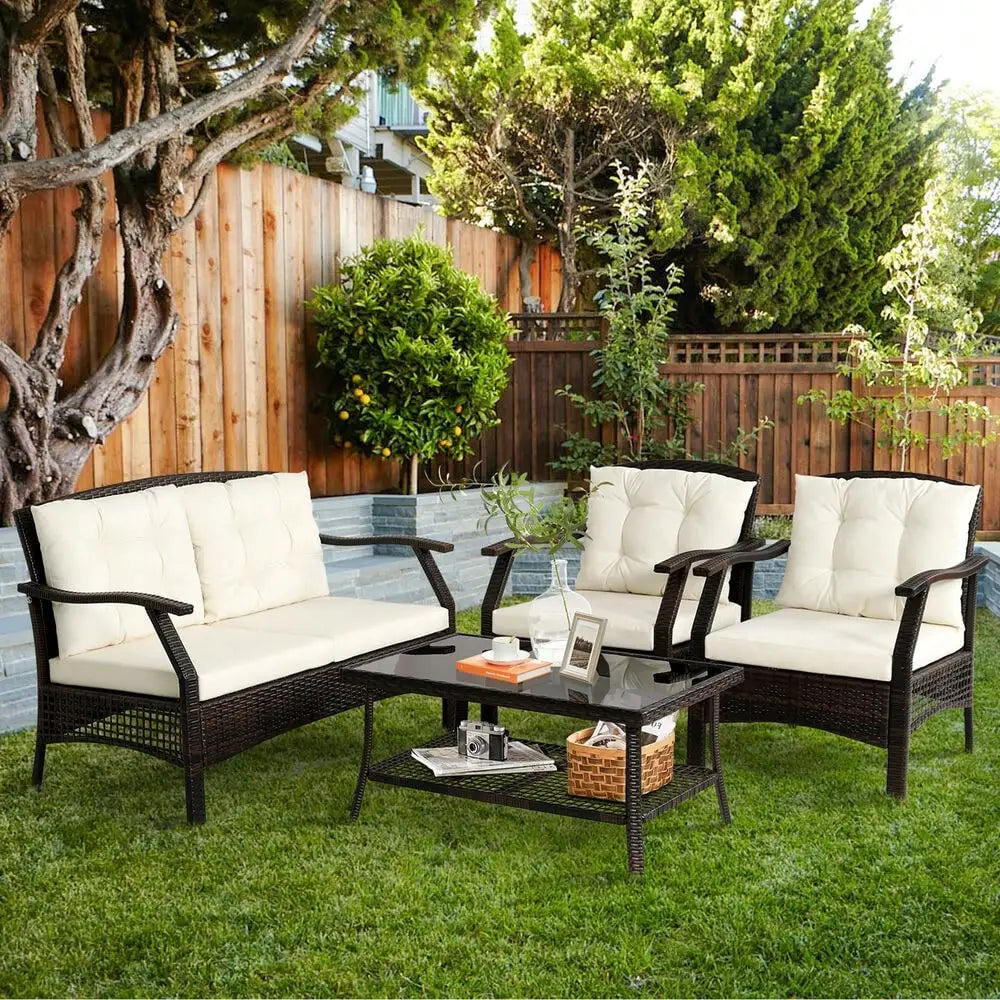 “4-Piece Rattan Patio Conversation Set – Wicker Sofa, Chairs, Coffee Table with Waterproof Cover for Outdoor Living”