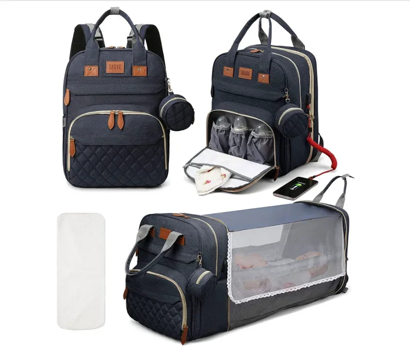 3-in-1 Diaper Bag Backpack with Foldable Baby Bed – Waterproof Travel Baby Bag with USB Charging | Multi-Function Changing Bed Backpack