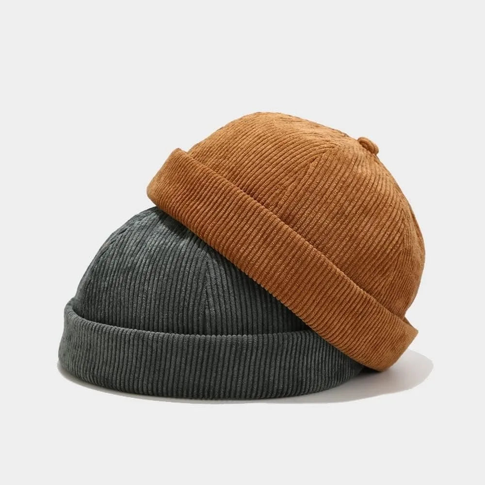 Corduroy Brimless Docker Hat – Unisex Adjustable Harbour Beanie with Rolled Cuff Skull Cap Style