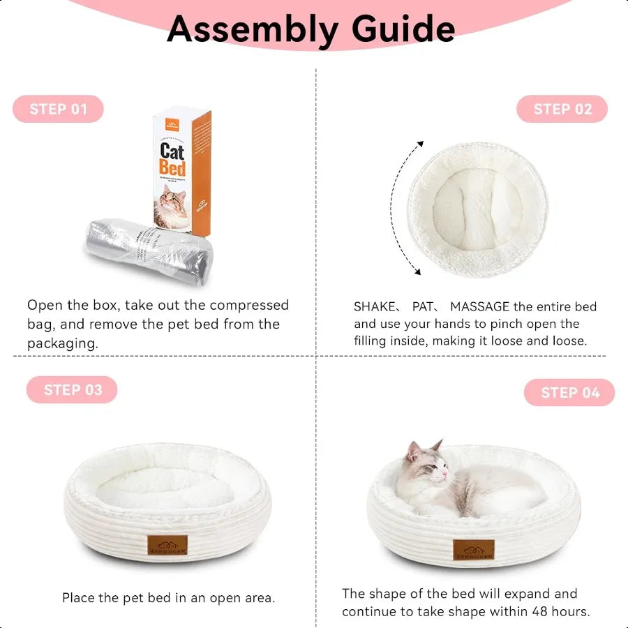 20in Cream Round Cat & Dog Bed – Washable Plush Sleeping Sofa with Nonslip Bottom, Breathable & Soft Cushion for Pets