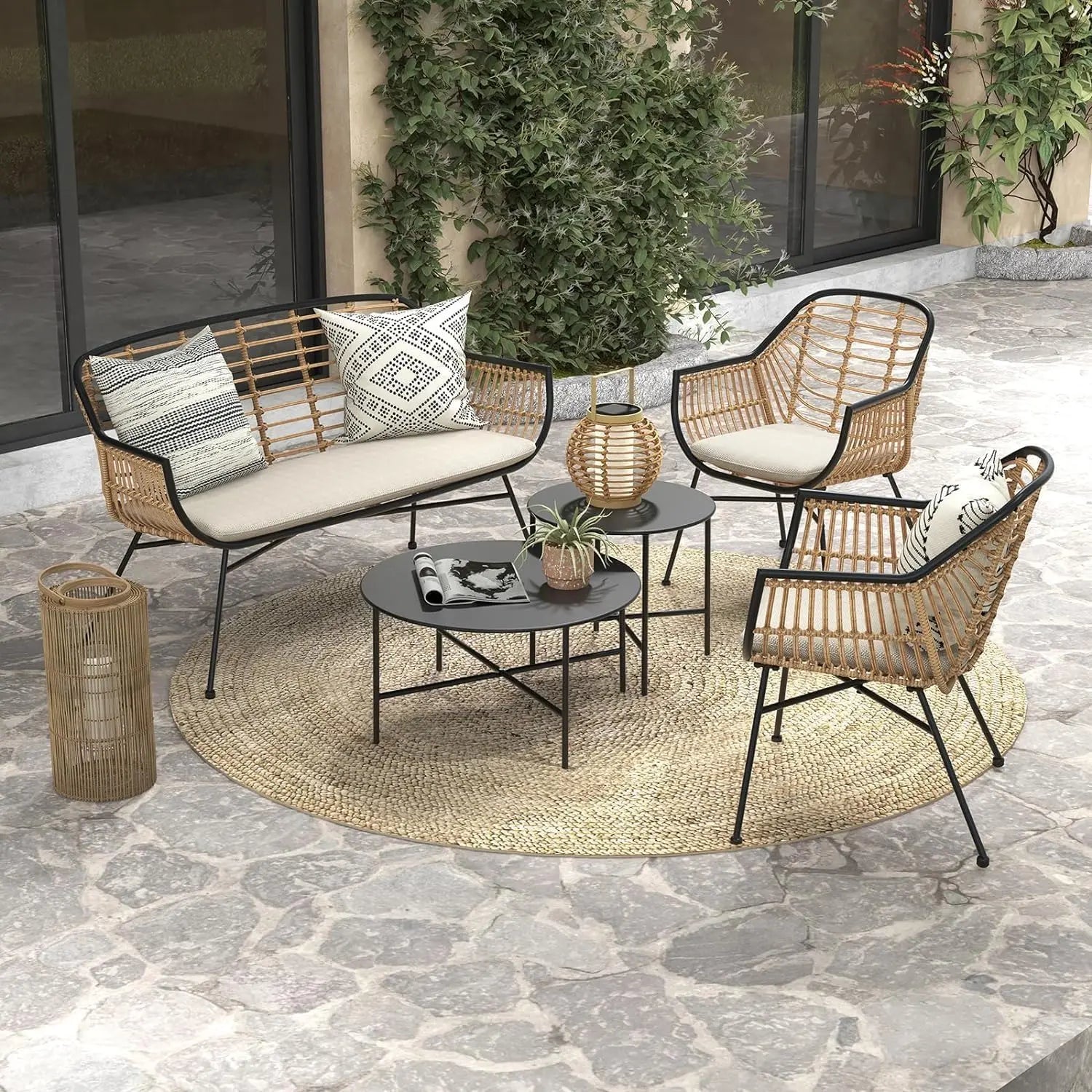 “5-Piece Outdoor Wicker Patio Conversation Set with Cushions & Coffee Tables – Boho Indoor/Outdoor Wicker Seating Set”