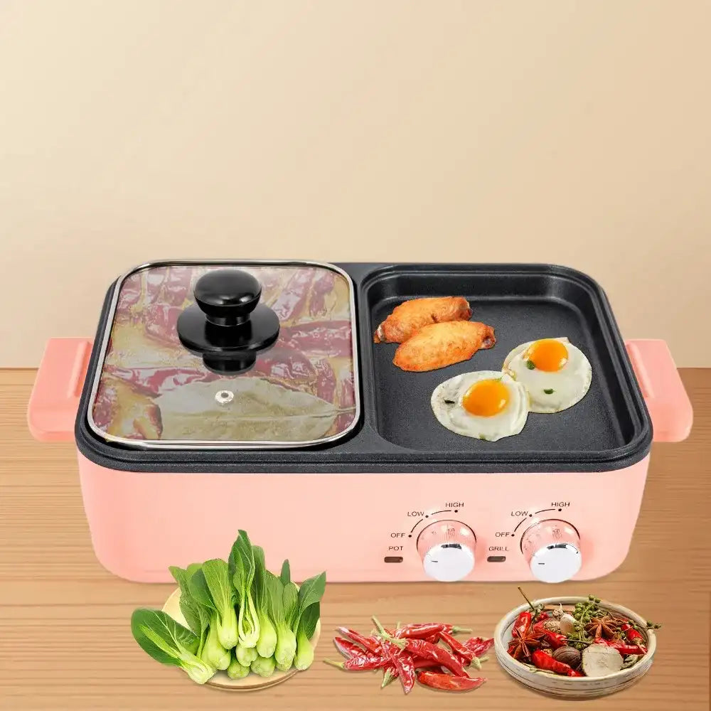 2‑in‑1 Electric Hot Pot & Grill Multifunction Nonstick: Pink Indoor Hot Pot with Grill, Dual Temperature Control