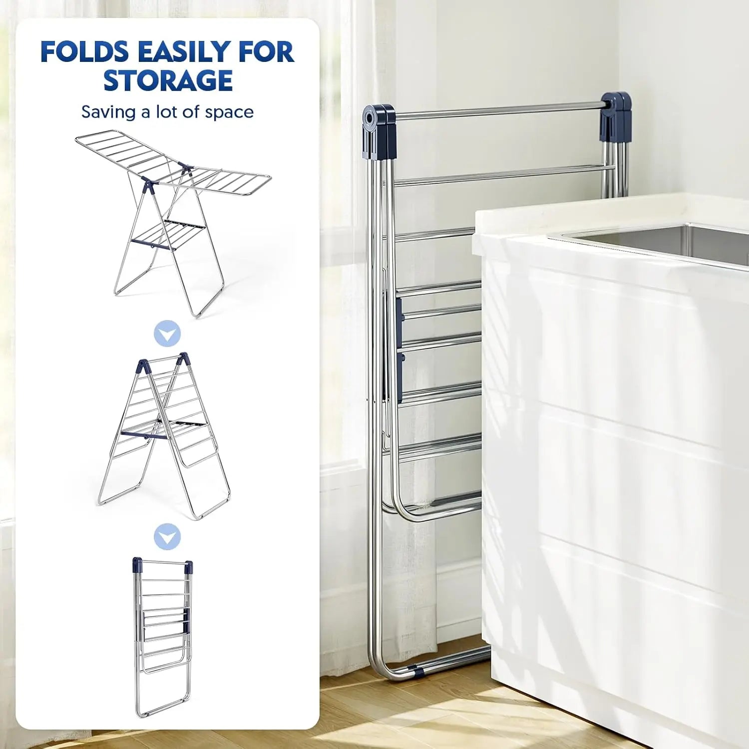 Adjustable Gullwing Foldable Clothes Drying Rack – Height-Adjustable Wings, Indoor & Outdoor Laundry Stand