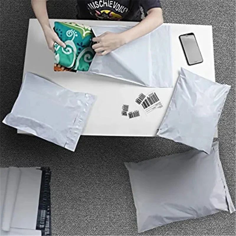 100 Pack White Courier Mailing Bags – Self-Seal Plastic Packaging Pouches, Durable Express Storage & Shipping Envelopes