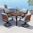 “5-Piece Outdoor Dining Set – 4 Leather-Look Wicker Swivel Chairs & Square Woodgrain Patio Table”